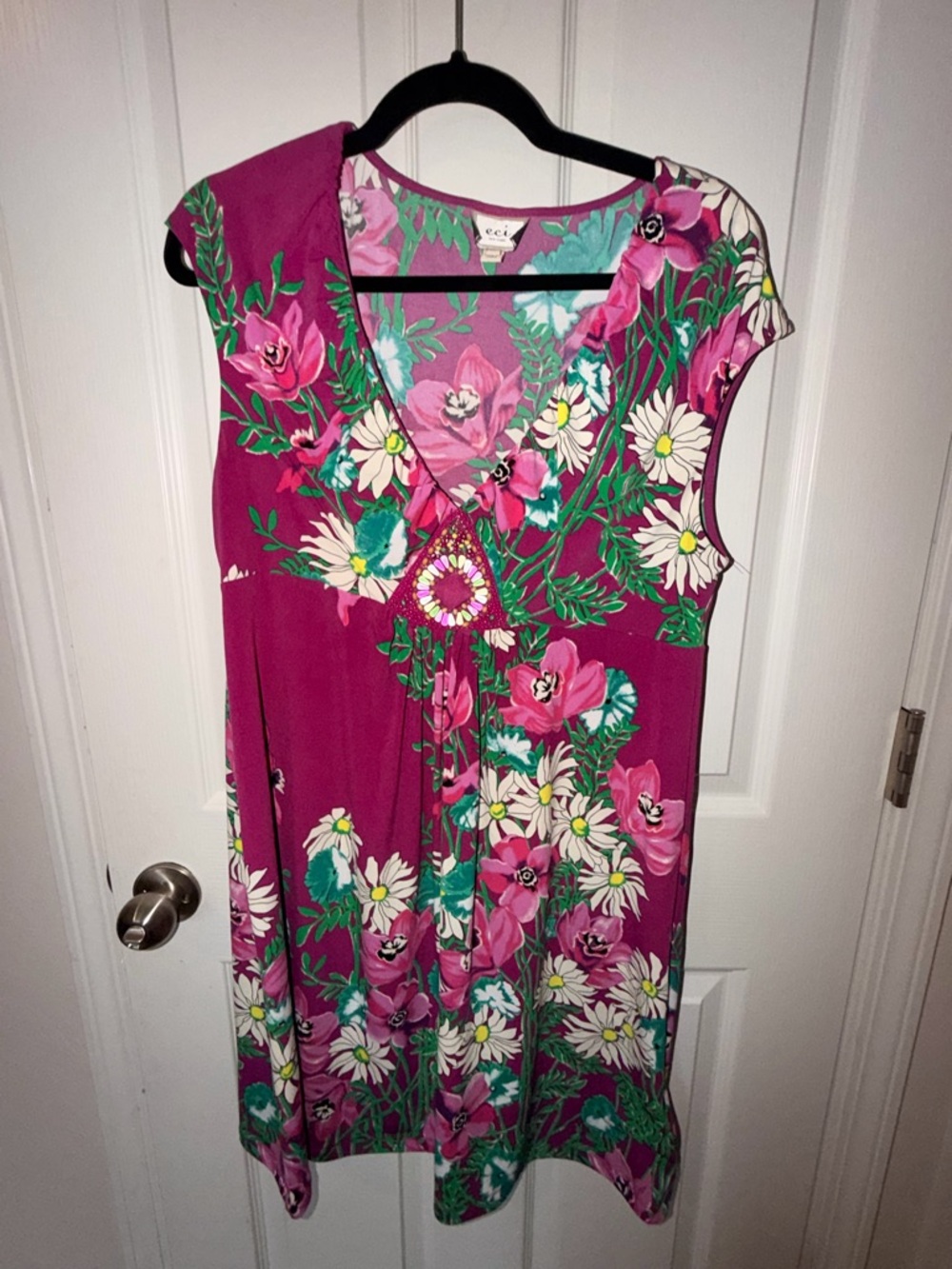 ECI Magenta Floral Cap-Sleeve V-Neck Mini Dress